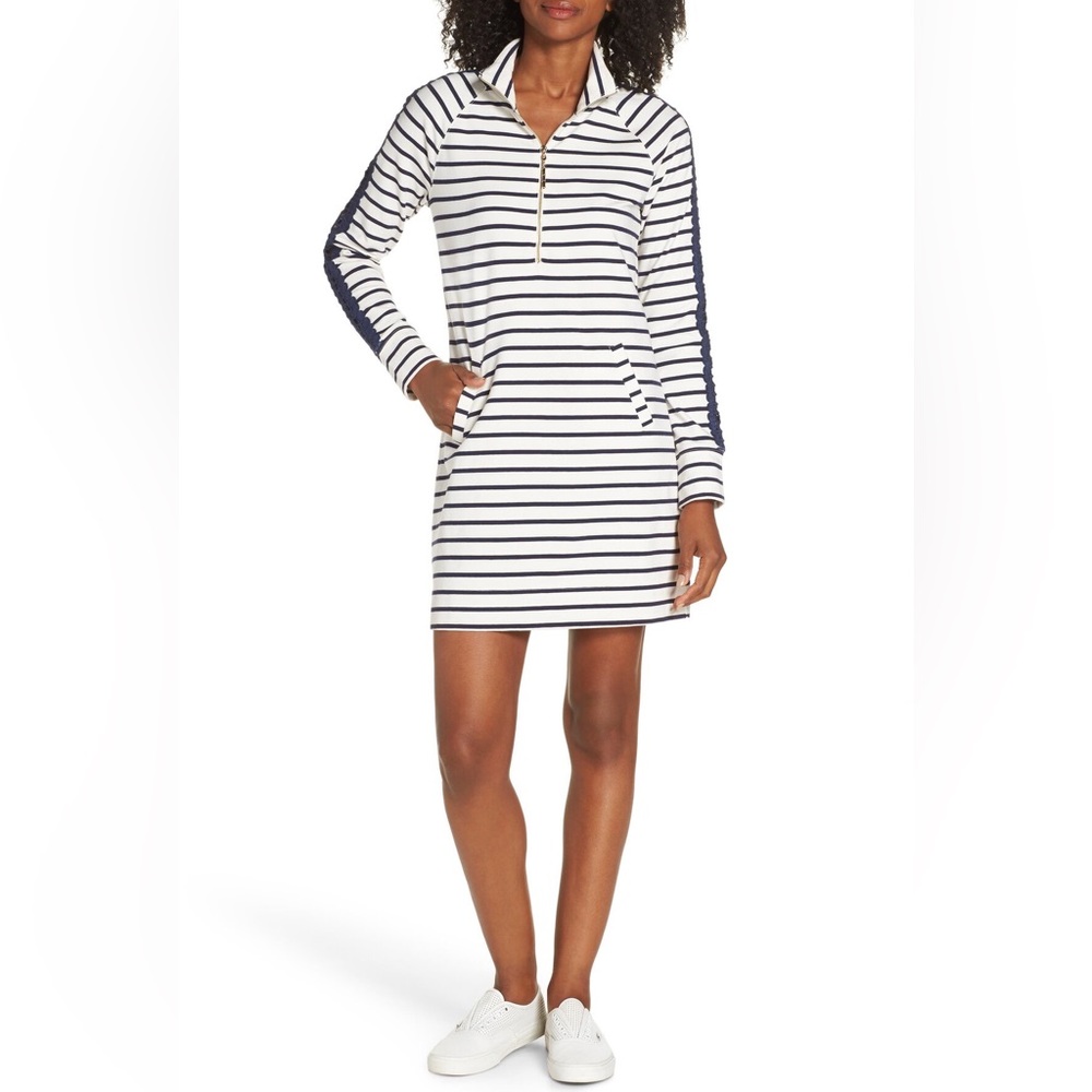 Lilly Pulitzer Skipper Shift Dress in Coastal Shell Stripe, white/navy, Size XL